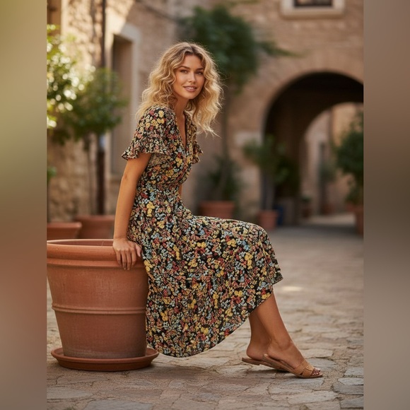 Madewell Dark Floral Flutter Sleeve V-Neck Tiered Midi Dress Size 6 - Picture 3 of 16